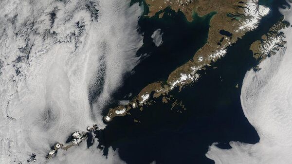 Unusually clear skies allowed the Moderate Resolution Imaging Spectroradiometer (MODIS) on NASA’s Aqua satellite to acquire this image of Aleutian Islands on May 15, 2014. Including the Alaskan peninsula, 52 volcanoes are visible in this scene. - Sputnik International