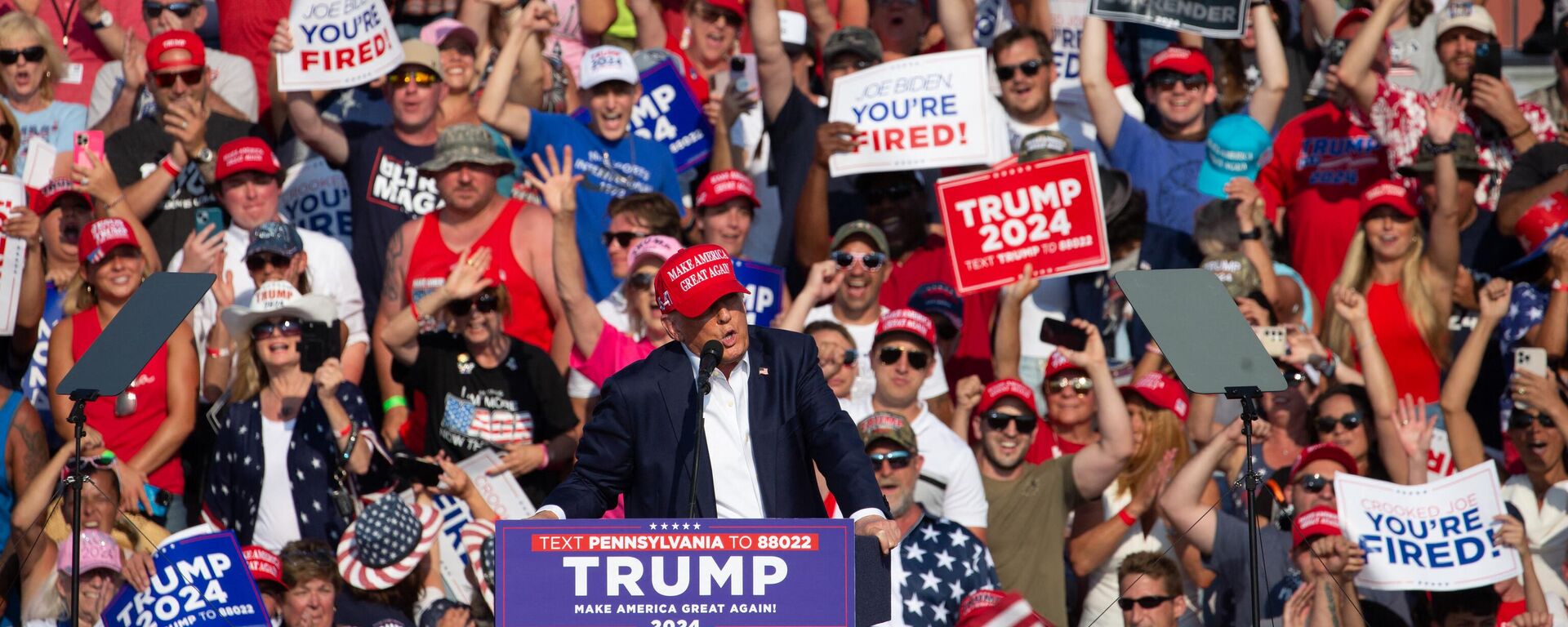 Former US President and Republican presidential candidate Donald Trump speaks during a campaign event at Butler Farm Show Inc. in Butler, Pennsylvania, July 13, 2024. - Sputnik International, 1920, 28.07.2024