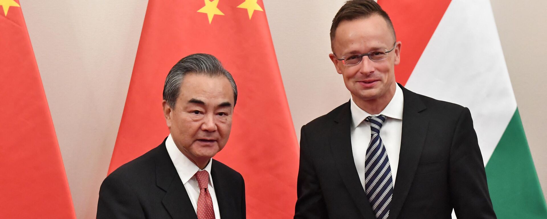 Chinese Foreign Minister Wang Yi (L) shakes hands with Hungarian Trade and Foreign Minister Peter Szijjarto before a meeting on July 12, 2019 in Budapest.  - Sputnik International, 1920, 17.07.2024