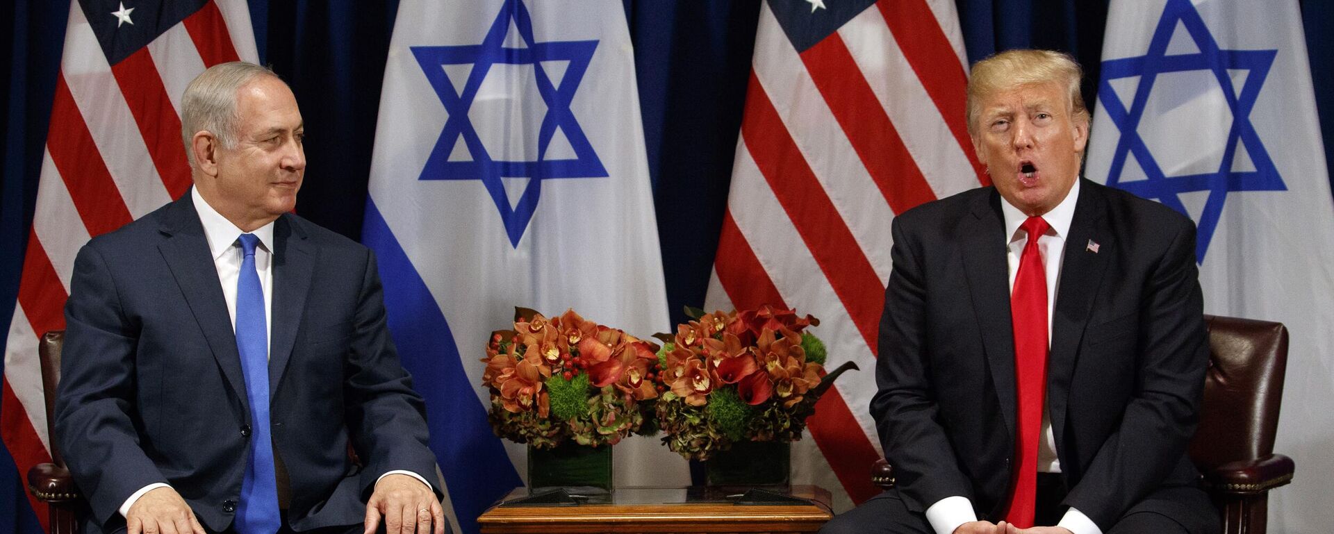Donald Trump speaks during a meeting with Israeli Prime Minister Benjamin Netanyahu at the Palace Hotel during the United Nations General Assembly - Sputnik International, 1920, 14.06.2025