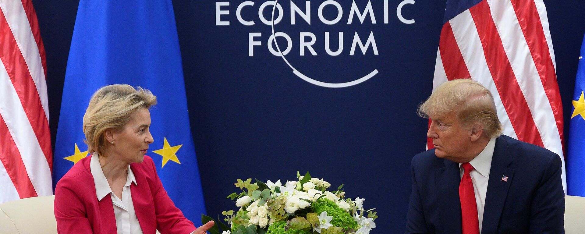 US President Donald Trump speaks with European Commission President Ursula von der Leyen prior to their meeting at the World Economic Forum in Davos, on January 21, 2020. - Sputnik International, 1920, 29.07.2024