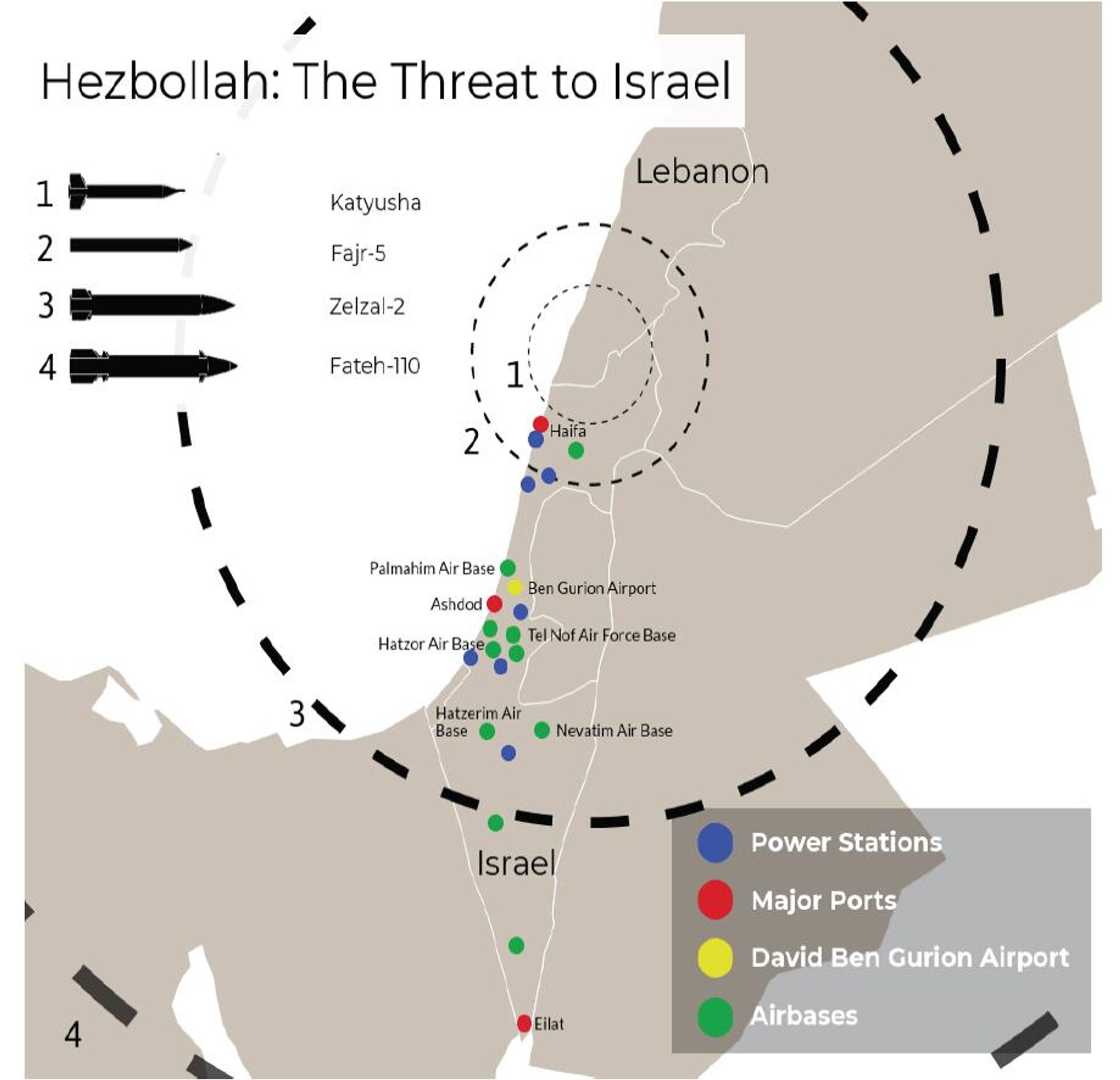 Map illustrating estimated range of some of Hezbollah's long-range missile capabilities. - Sputnik International, 1920, 03.08.2024