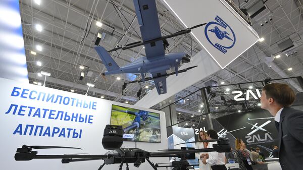 UAVs on display at the Kotlin-Innovator stand during the 10th International Military-Technical Forum Army-2024 at Patriot Congress and Exhibition Centre in Moscow region, Russia. - Sputnik International