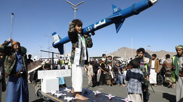 Houthi supporters attend a rally against the U.S.-led strikes on Yemen and Israel's war in Gaza Strip, in Sanaa, Yemen, Friday, Feb. 23, 2024 - Sputnik International