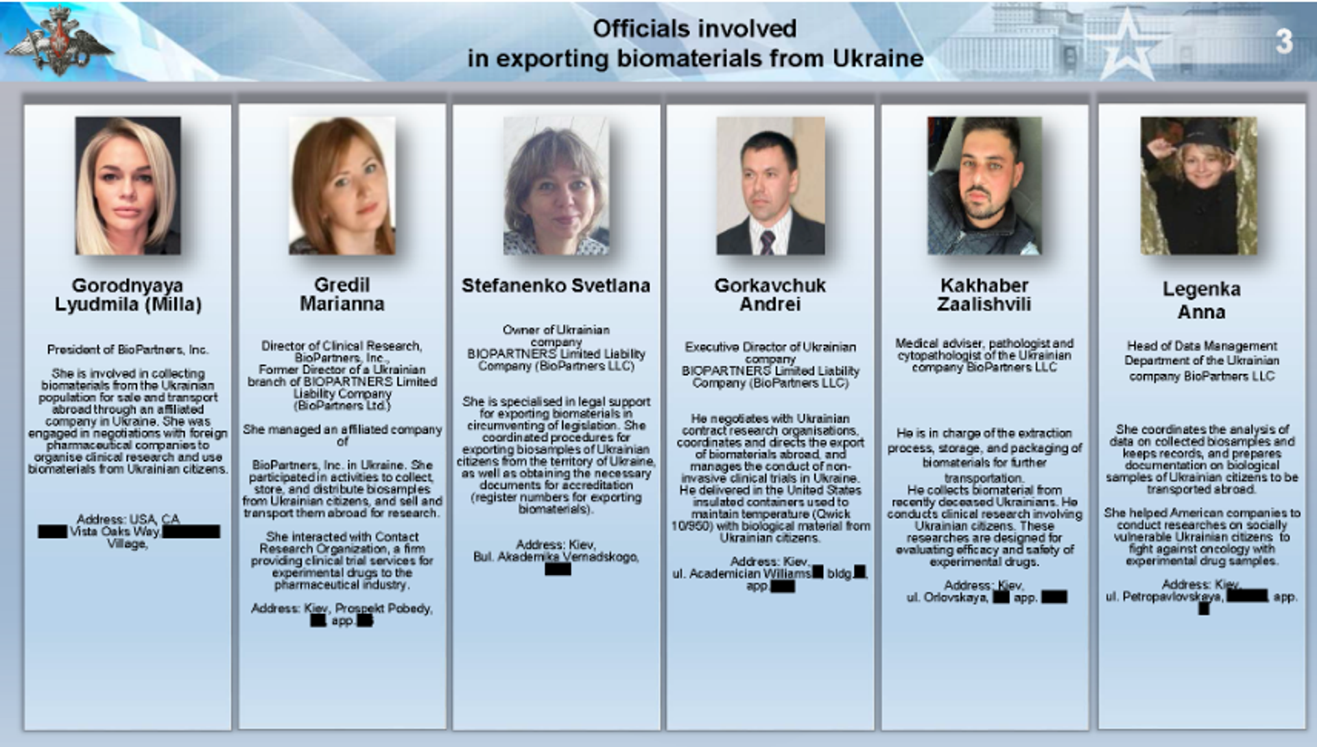 Screenshot of evidence released at a briefing by the Ministry of Defence of the Russian Federation on August 27, 2024, showing officials involved in exporting biomaterials from Ukraine. - Sputnik International, 1920, 27.08.2024