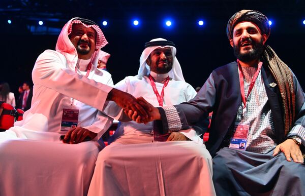 Businessman Khalid Mashan Alanazi, Kuwaiti representative, Rasis CEO and member of the Arab Network for Innovation and Creativity Nawaf Almutairi and Hossein Mohammad Yunus, acting head of the Afghanistan Chamber of Commerce and Investment. - Sputnik International