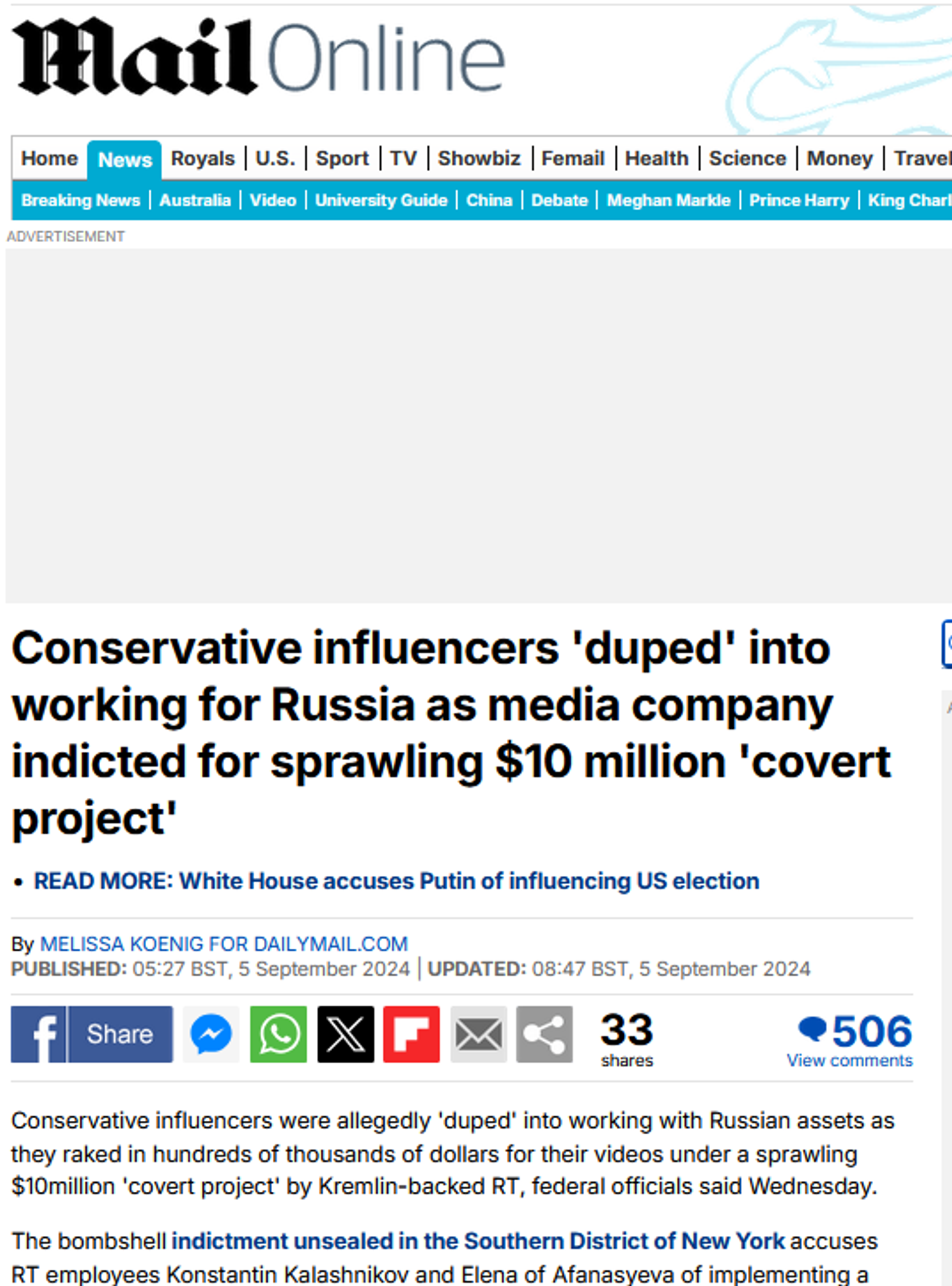 Screenshot of Daily Mail story. - Sputnik International, 1920, 05.09.2024