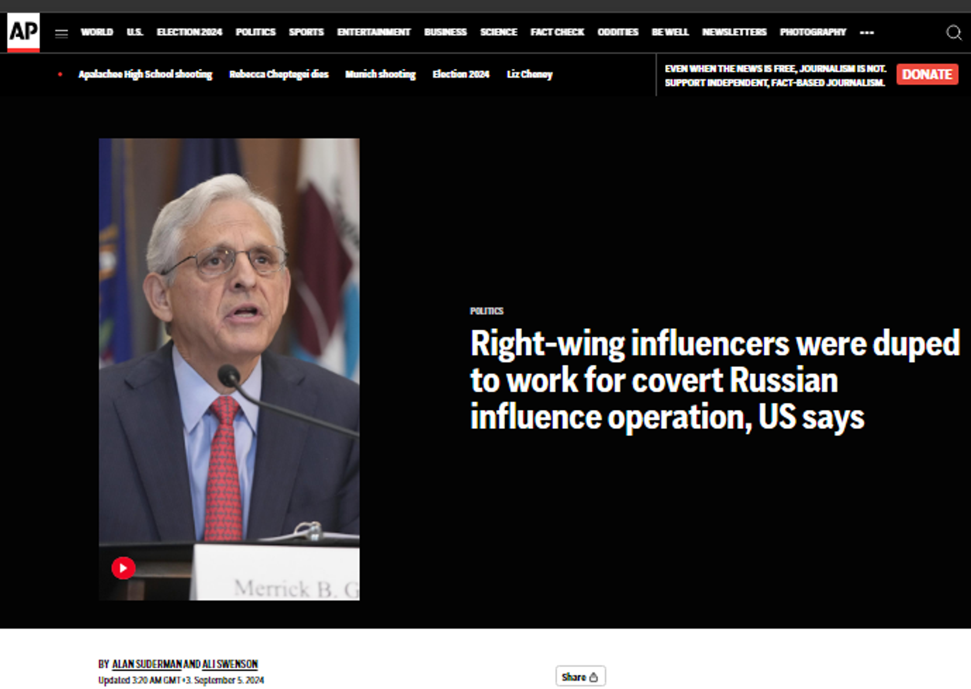 Screenshot of AP publication. - Sputnik International, 1920, 05.09.2024