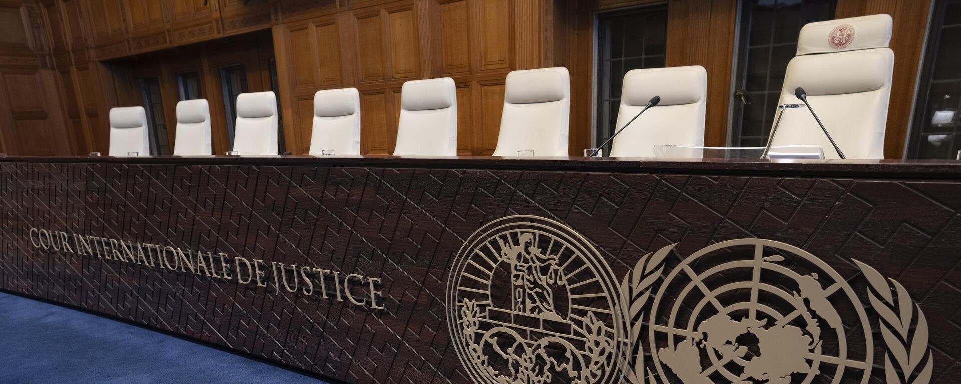 Seats of the judges at the International Court of Justice, or World Court, in The Hague, Netherlands. File photo - Sputnik International, 1920, 10.09.2024