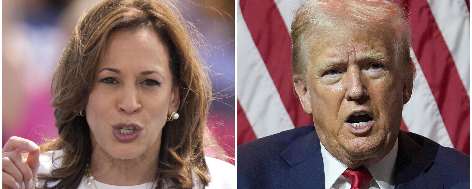 This combination of photos shows Vice President Kamala Harris, left, on Aug. 7, 2024 and Republican presidential candidate former President Donald Trump on July 31, 2024. (AP Photo/Charles Rex Arbogast) - Sputnik International, 1920, 18.10.2024