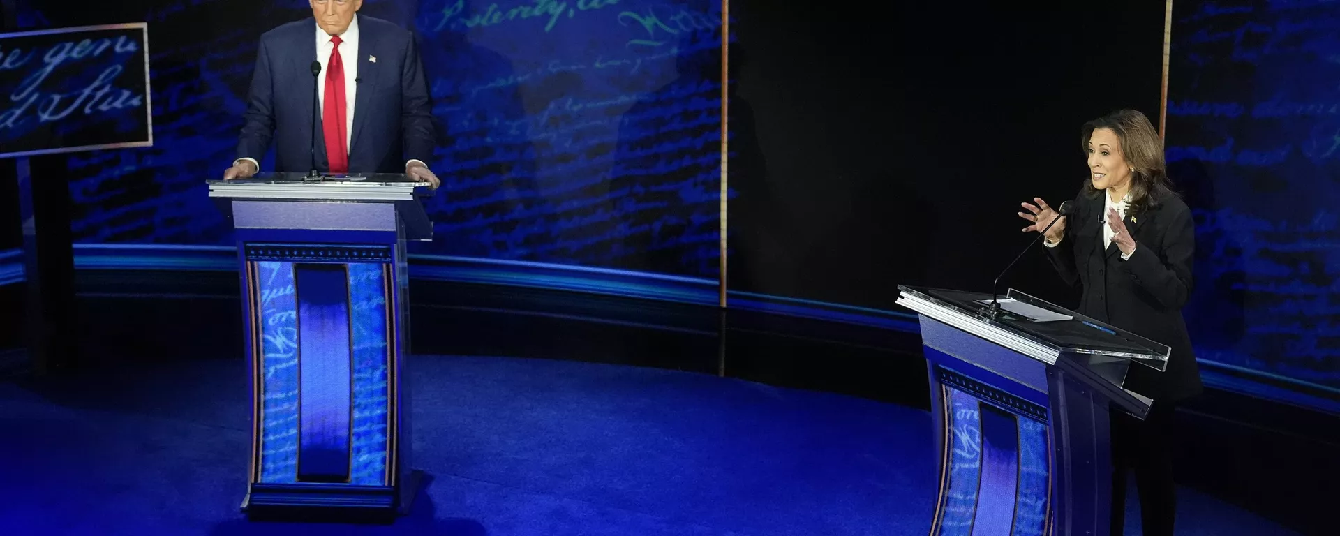 Republican presidential nominee former President Donald Trump watches as Democratic presidential nominee Vice President Kamala Harris speaks during an ABC News presidential debate at the National Constitution Center, Tuesday, Sept. 10, 2024, in Philadelphia.  - Sputnik International, 1920, 30.10.2024