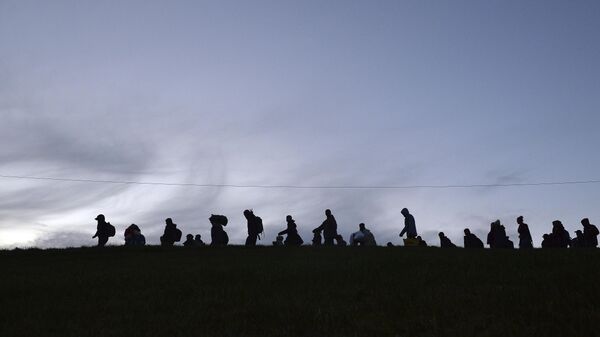  German federal police officers guide a group of migrants on their way after crossing the border between Austria and Germany in Wegscheid near Passau, Germany.  - Sputnik International