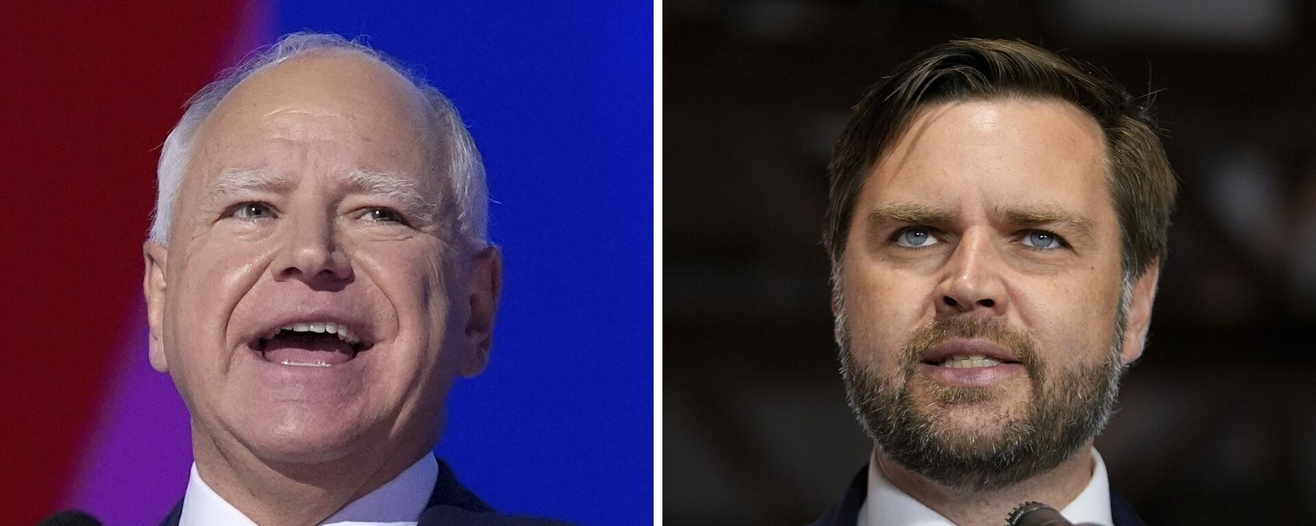 This combination of photos shows Democratic vice presidential candidate Minnesota Gov. Tim Walz, left, at the DNC on Aug. 21, 2024, in Chicago, and Republican vice presidential nominee Sen. JD Vance, R-Ohio, on Sept. 25, 2024, in Traverse City, Mich.  - Sputnik International, 1920, 30.09.2024