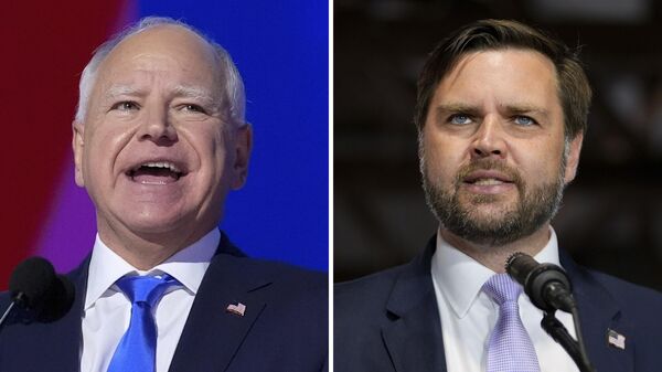 This combination of photos shows Democratic vice presidential candidate Minnesota Gov. Tim Walz, left, at the DNC on Aug. 21, 2024, in Chicago, and Republican vice presidential nominee Sen. JD Vance, R-Ohio, on Sept. 25, 2024, in Traverse City, Mich.  - Sputnik International