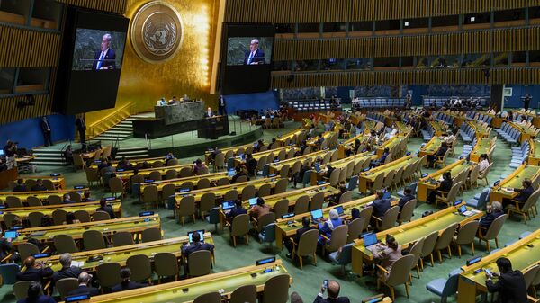 Israeli Prime Minister Benjamin Netanyahu addresses the 78th session of the United Nations General Assembly, Friday, Sept. 22, 2023 at United Nations headquarters. (AP Photo/Mary Altaffer) - Sputnik International