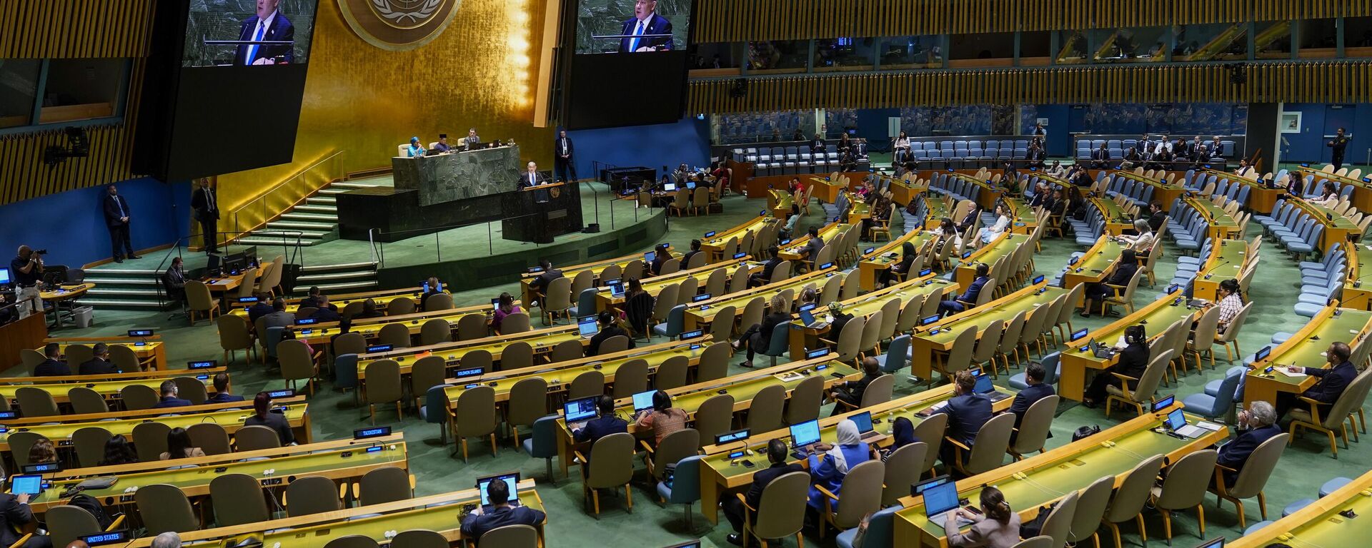 Israeli Prime Minister Benjamin Netanyahu addresses the 78th session of the United Nations General Assembly, Friday, Sept. 22, 2023 at United Nations headquarters. (AP Photo/Mary Altaffer) - Sputnik International, 1920, 30.09.2024