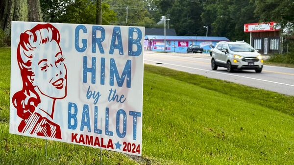 A political sign alluding to a salacious comment by former President Donald Trump sits on a lawn at the edge of a historic mill village in Wake Forest, N.C., on Saturday, Aug. 31, 2024.  - Sputnik International