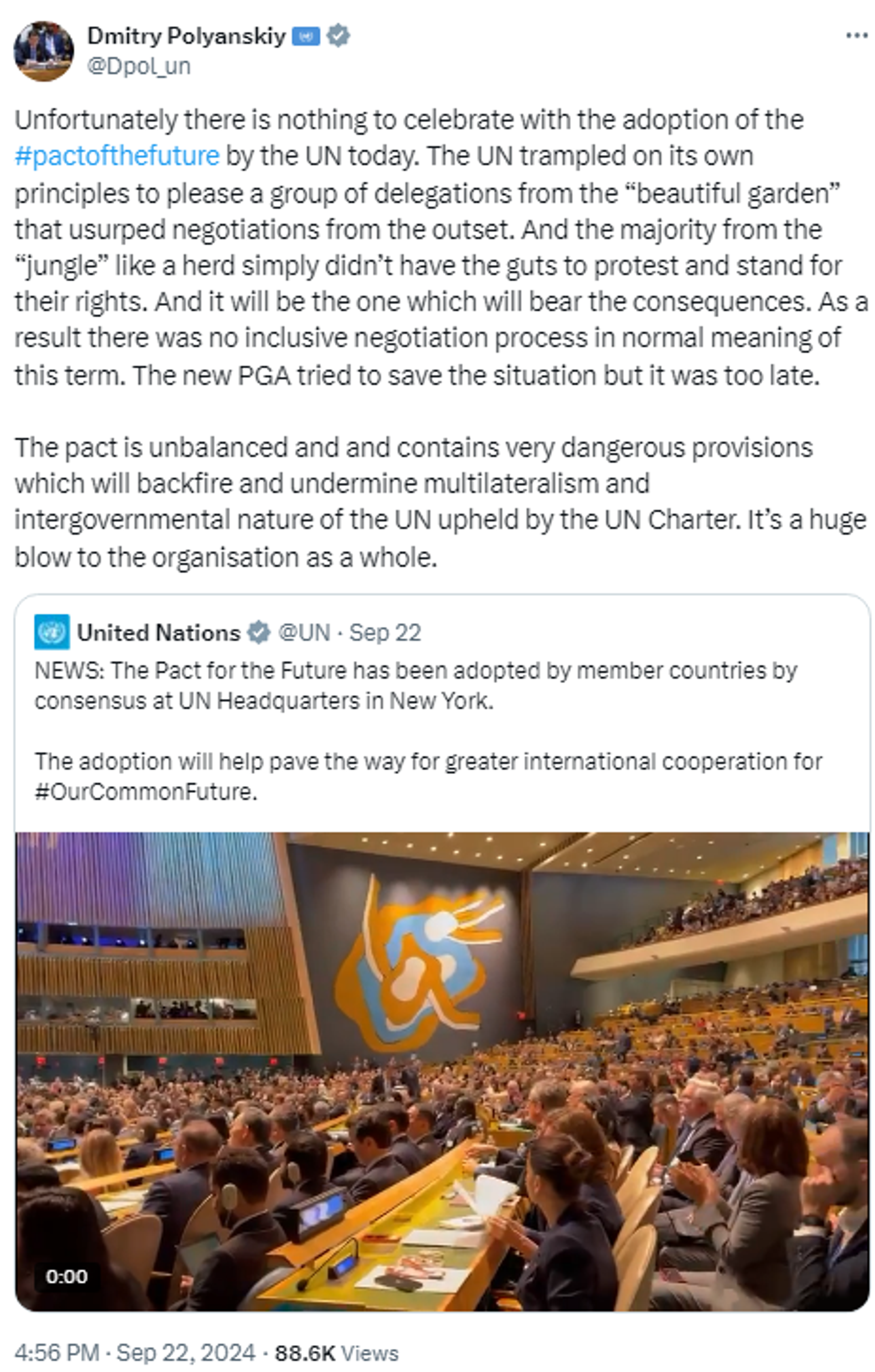 Screenshot of X post by First Deputy Permanent Representative of Russia to the UN Dmitry Polyanskiy. - Sputnik International, 1920, 06.10.2024