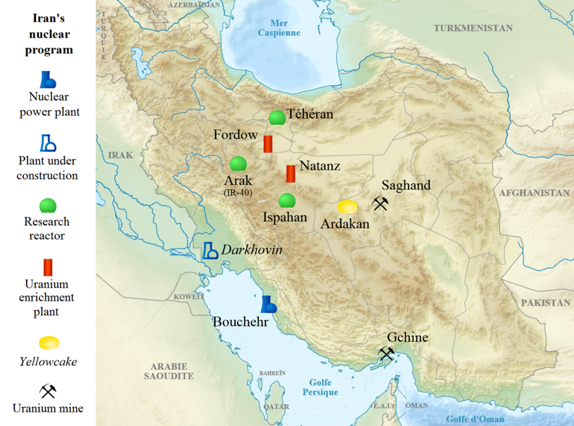 French-language map showing major sites of Iran's comprehensive, full-cycle nuclear program, designed to ensure the country's maximum independence in the nuclear field. - Sputnik International, 1920, 08.10.2024