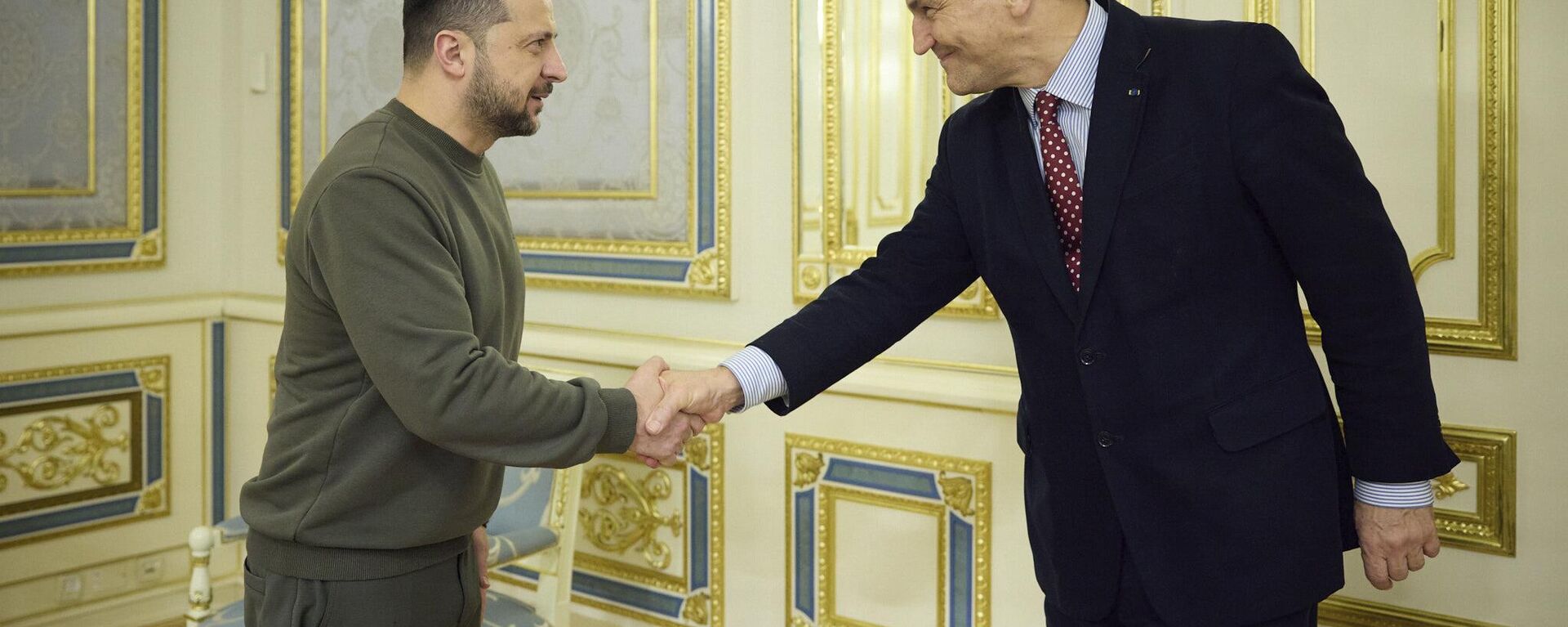 In this photo provided by the Ukrainian Presidential Press Office, Ukrainian President Volodymyr Zelenskyy, left, shakes hands with Poland's Minister of Foreign Affairs, Radek Sikorski, in Kyiv, Ukraine. File photo. - Sputnik International, 1920, 13.10.2024