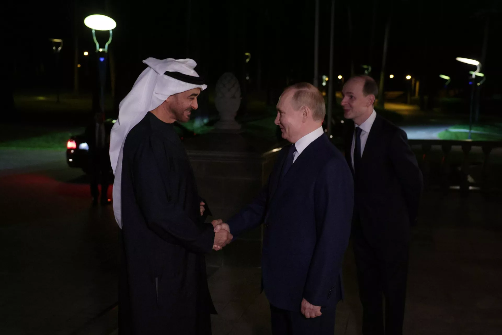 Russian President Vladimir Putin and United Arab Emirates President Sheikh Mohamed bin Zayed Al Nahyan shake hands before a meeting at the Novo-Ogaryovo state residence, outside Moscow, Russia. - Sputnik International, 1920, 20.10.2024