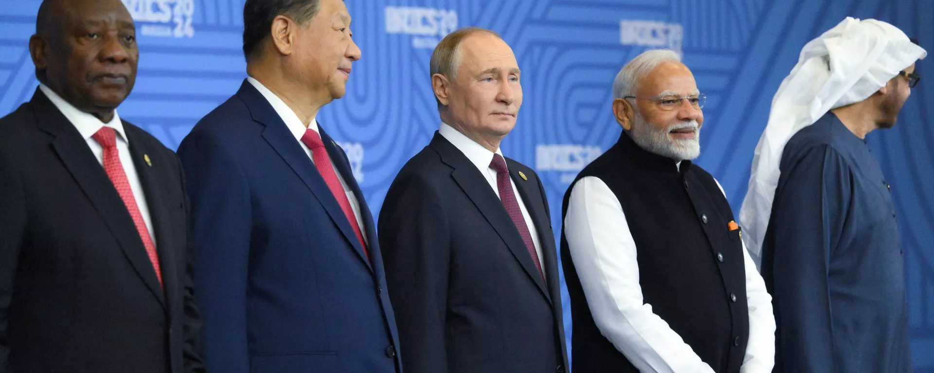  South African President Cyril Ramaphosa, Chinese President Xi Jinping, Russian President Vladimir Putin, Indian Prime Minister Narendra Modi and UAE President Mohamed bin Zayed Al Nahyan. - Sputnik International, 1920, 23.10.2024