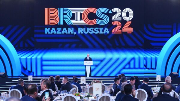  Russian President Vladimir Putin speaks at the 2024 BRICS summit in Russia's Kazan. File photo - Sputnik International