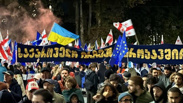 Supporters of Georgia's pro-Western and pro-EU opposition groups hold a joint final campaign rally ahead of the upcoming parliamentary elections in Tbilisi, Georgia. - Sputnik International