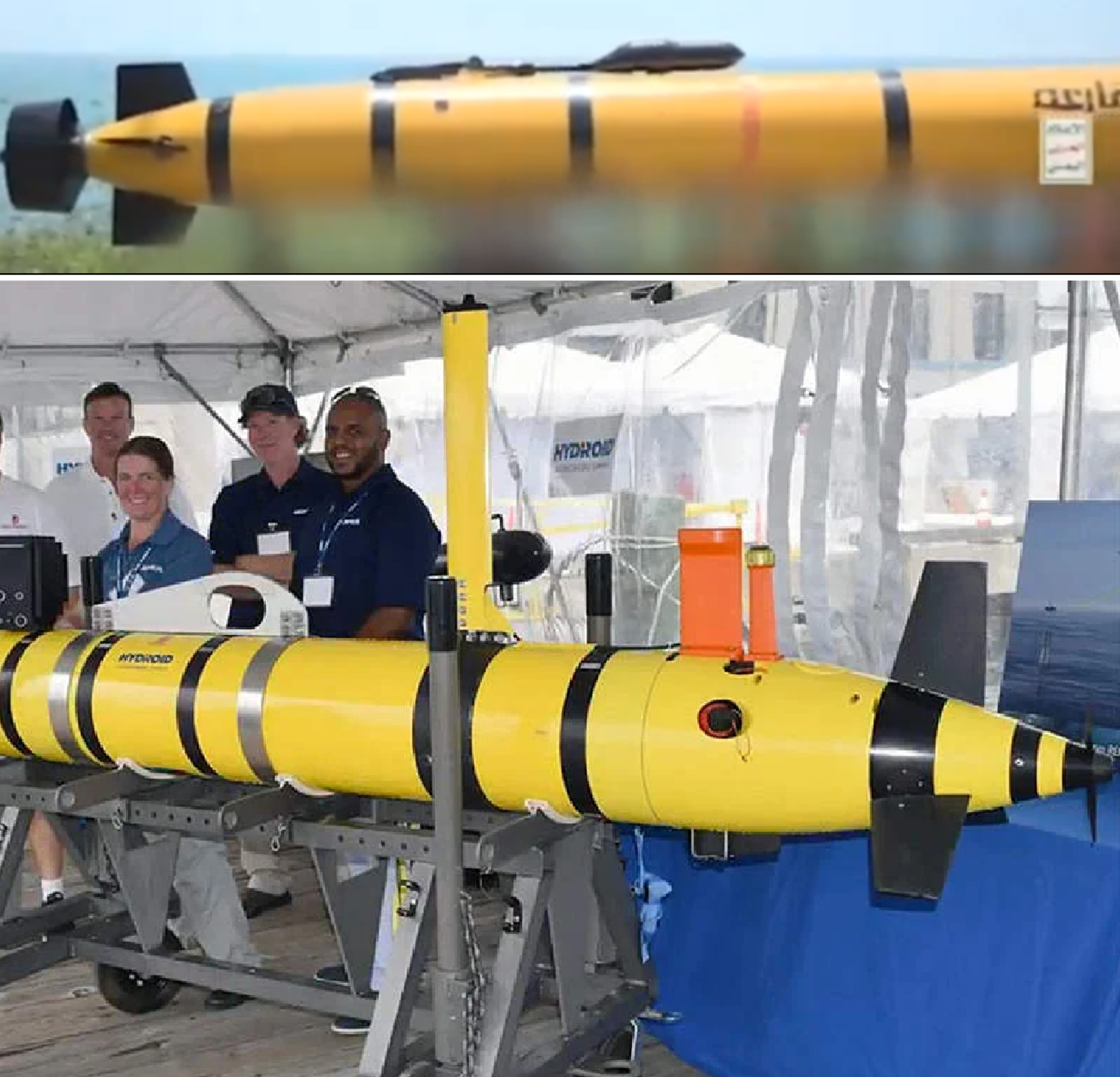 This combo image highlights differences between the new Houthi Al-Qaria submersible kamikaze drone and the Remus 600 AUV made by Kongsberg Maritime. - Sputnik International, 1920, 29.10.2024