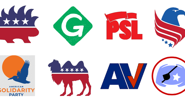 Logos associated with non-big-two US political parties - including the Libertarian Party, the Green Party, the Party for Socialism and Liberation, the Constitution Party, the American Solidarity Party, the Prohibition Party, the Approval Voting Party and the United States Pirate Party. - Sputnik International