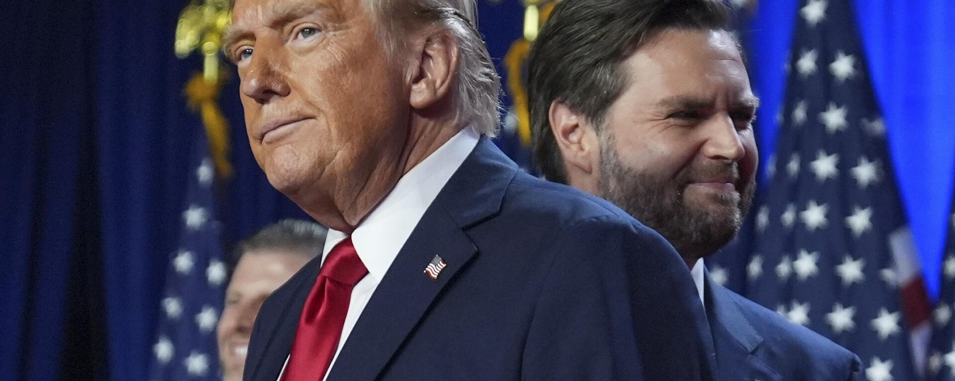 Republican President-Elect Donald Trump and his running mate, Senator JD Vance,  stand on stage at an election night watch party at the Palm Beach Convention Center, Wednesday, Nov. 6, 2024, in West Palm Beach, Florida. - Sputnik International, 1920, 07.11.2024