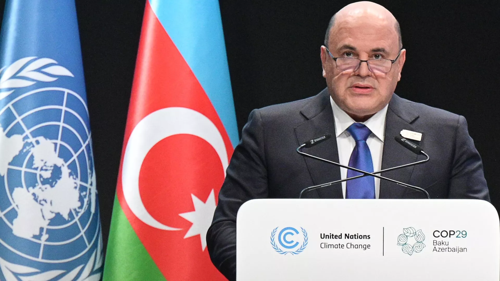 Russian Prime Minister Mikhail Mishustin speaks during the World Leaders Climate Action Summit at the 29th Conference of the Parties (COP29) to the United Nations Framework Convention on Climate Change, in Baku, Azerbaijan. - Sputnik International, 1920, 13.11.2024