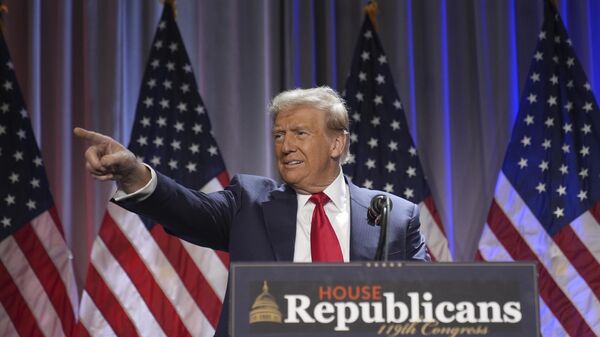 President-elect Donald Trump speaks as he arrives for a meeting with the House GOP conference, Wednesday, Nov. 13, 2024, in Washington.  - Sputnik International