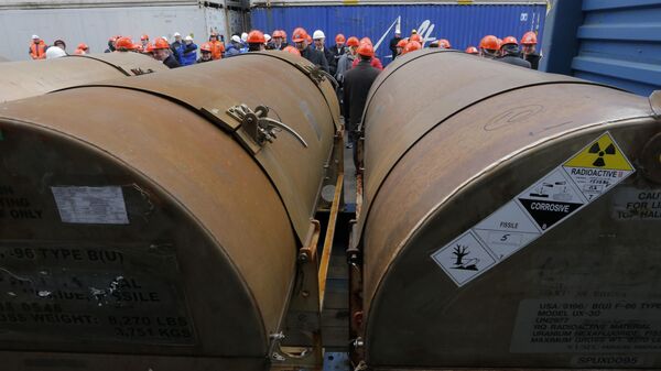 Containers with uranium, before they are loaded on a vessel,  on a port in St. Petersburg, Russia, Thursday, Nov. 14, 2013.  - Sputnik International