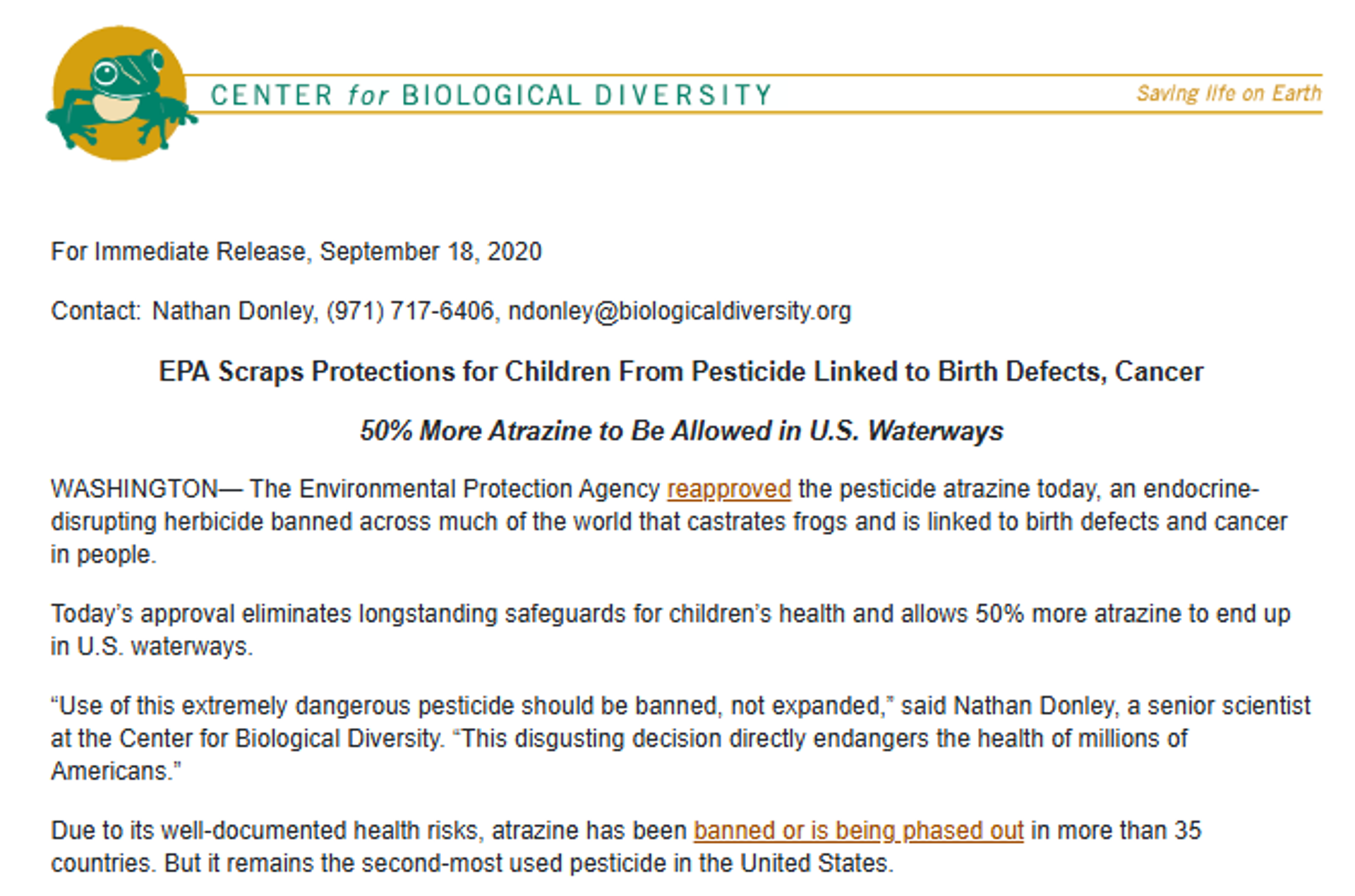 Screenshot of publication on reapproval of atrazine by US EPA in 2020. - Sputnik International, 1920, 24.11.2024