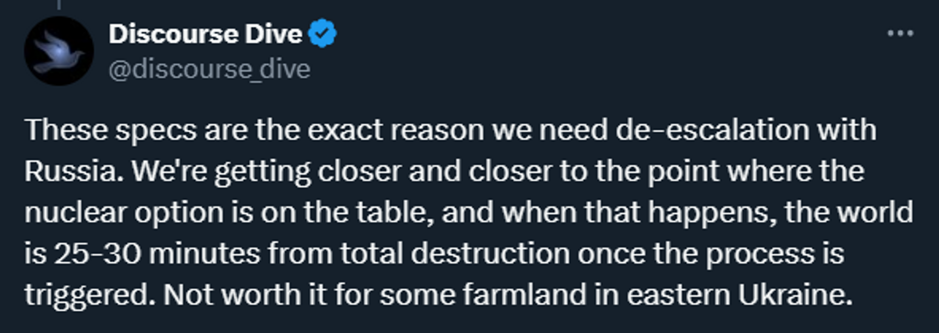 These specs are the exact reason we need de-escalation with Russia. We're getting closer and closer to the point where the nuclear option is on the table, and when that happens, the world is 25-30 minutes from total destruction once the process is triggered. Not worth it for some farmland in eastern Ukraine. - Sputnik International, 1920, 27.11.2024