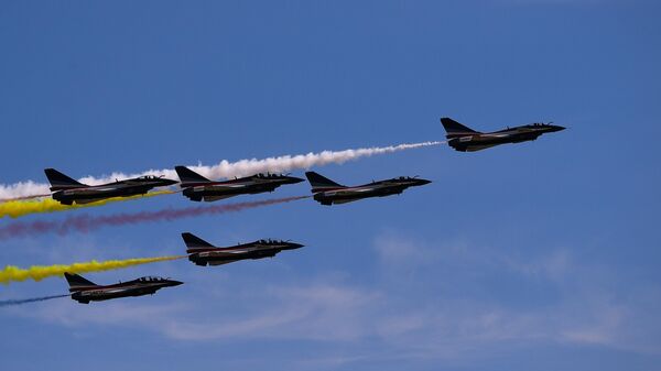 China's August 1st aerobatic team flies J-10 fourth-generation multirole fighter jets at the closing ceremony of the 2018 Army International Military Technical Forum - Sputnik International