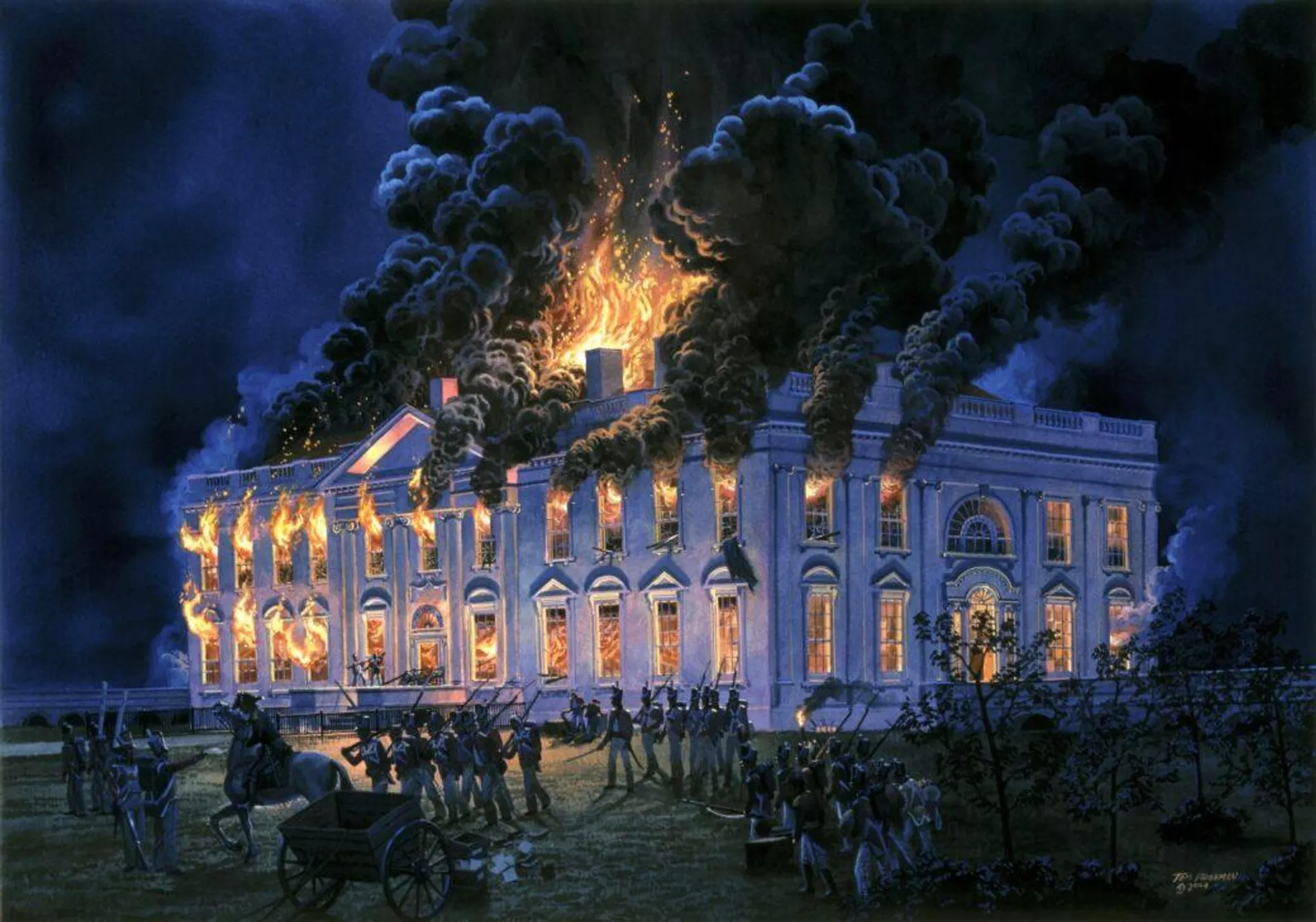 This painting by Tom Freeman for the White House Historical Association shows the burning north and west facades of the White House when it was set aflame by the British soldiers on August 24, 1814 during the War of 1812. British soldiers can be seen in the foreground. It was commissioned during George W. Bush's presidency, but depicts events that occurred during James Madison's. - Sputnik International, 1920, 03.12.2024