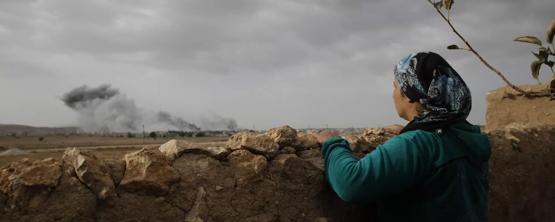 A Kurdish woman, standing in Mursitpinar, on the outskirts of Suruc, on the Turkey-Syria border, watches smoke from fires caused by strikes - Sputnik International, 1920, 17.12.2024