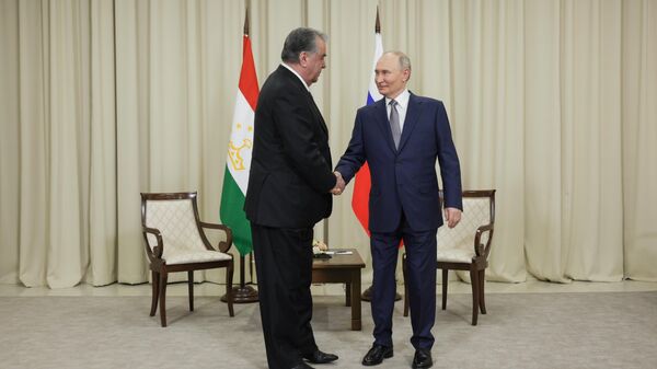 Russian President Vladimir Putin and Tajik President Emomali Rahmon shake hands during a meeting at the Igora resort in the Leningrad Region - Sputnik International