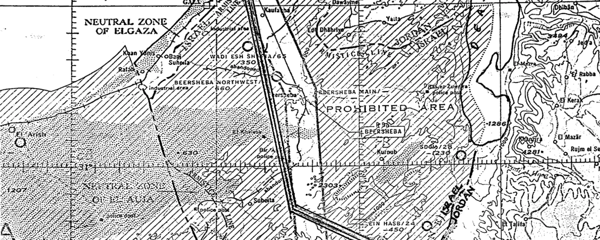 Map of one possible route for a canal across the Negev Desert in Lawrence Livermore's proposal to use nuclear explosions to build an artificial waterway to rival the Suez Canal. - Sputnik International, 1920, 27.12.2024