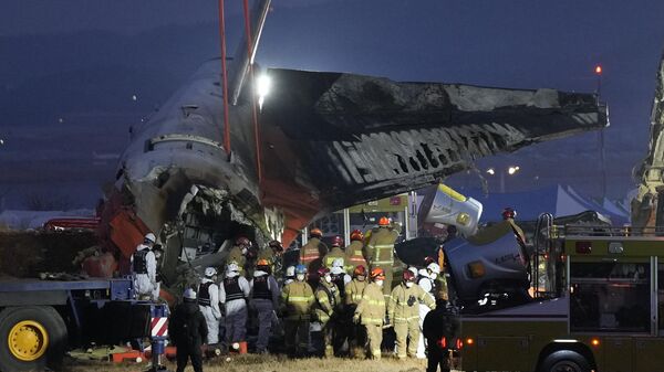 Rescue team carry the body of a passenger at the site of a plane fire at Muan International Airport in Muan, South Korea, Sunday, Dec. 29, 2024. - Sputnik International