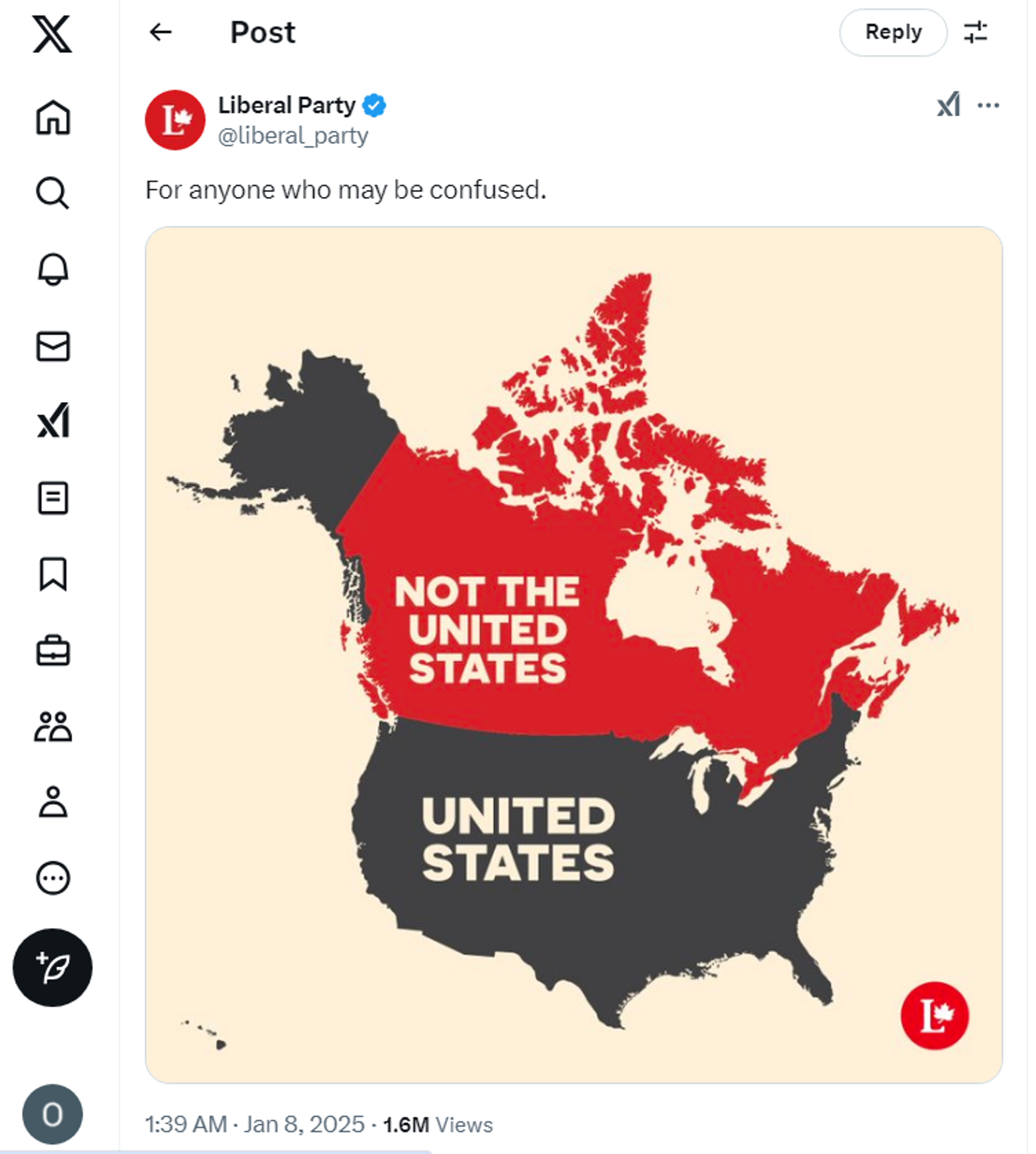  A screenshot of Canadian Liberal Party's X post.  - Sputnik International, 1920, 08.01.2025