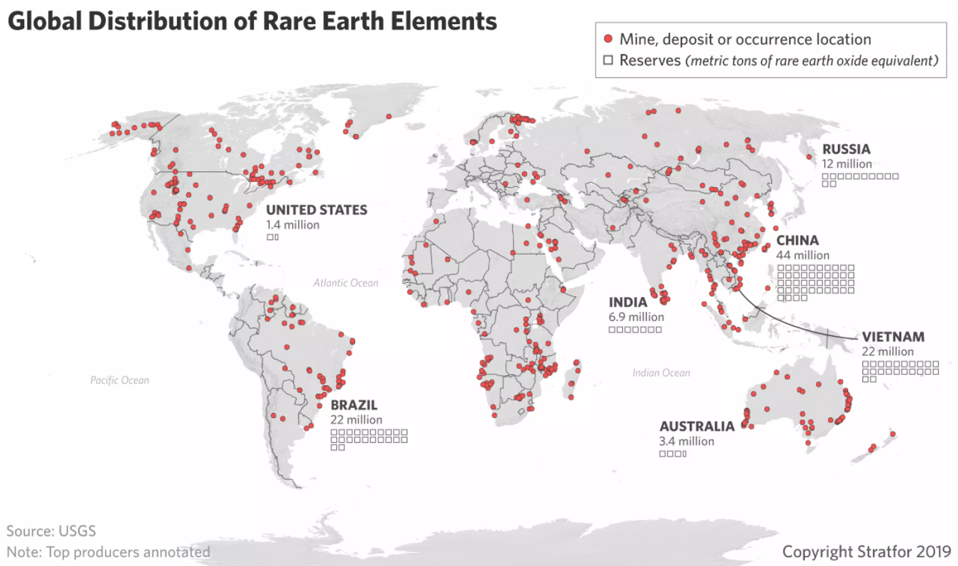 USGC data-based map of global rare earth element mines and known strategic reserves by country. - Sputnik International, 1920, 10.01.2025