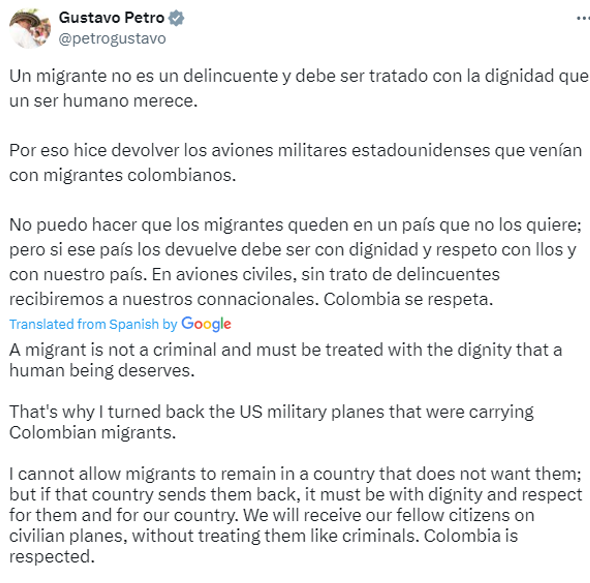 Screenshot of X post by Colombia's President President Gustavo Petro. - Sputnik International, 1920, 27.01.2025