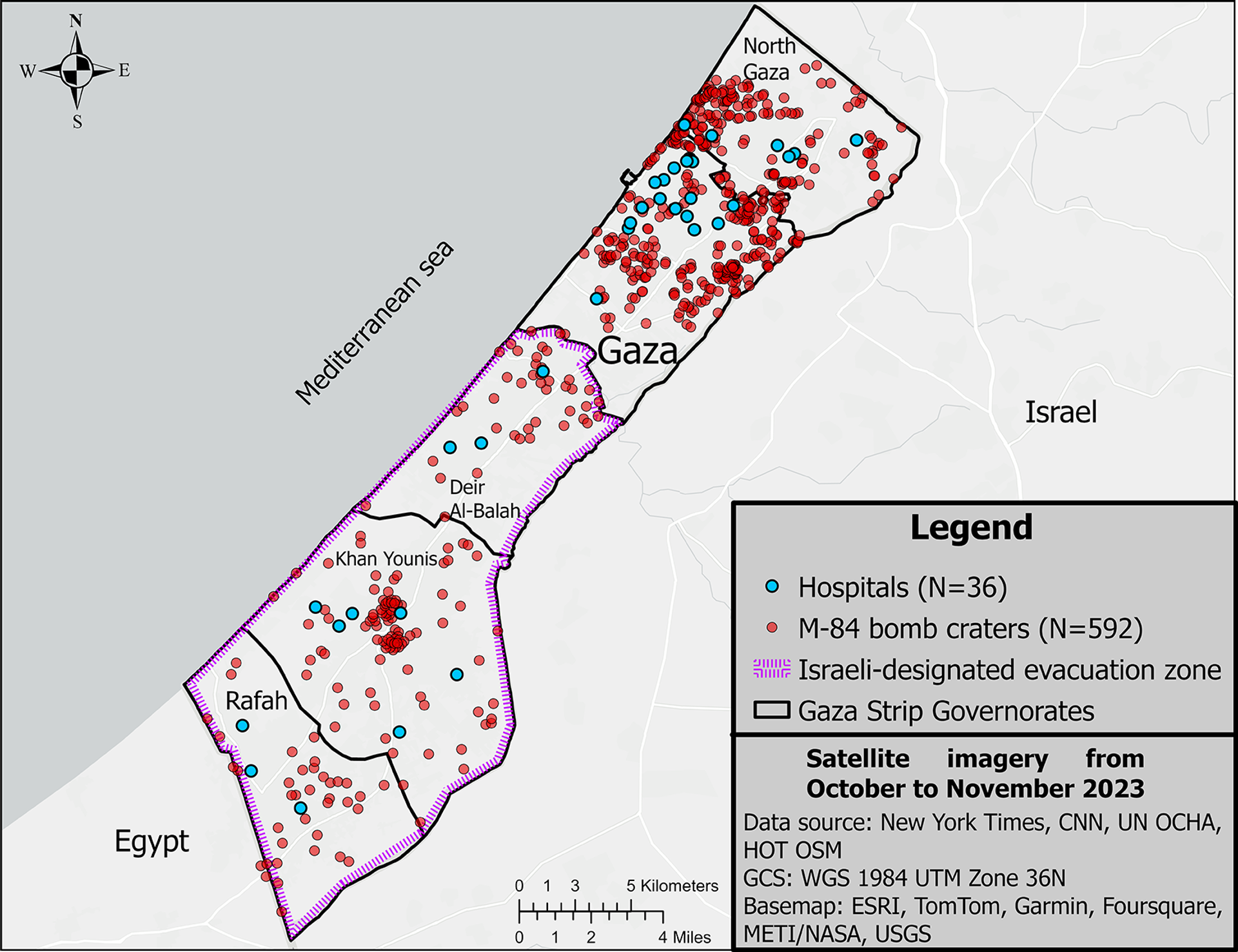 Proximity of bomb craters to hospitals and within the Israeli military designated evacuation zone in the Gaza Strip. Map from the October 2024 Harvard study Are hospitals collateral damage? - Sputnik International, 1920, 27.01.2025