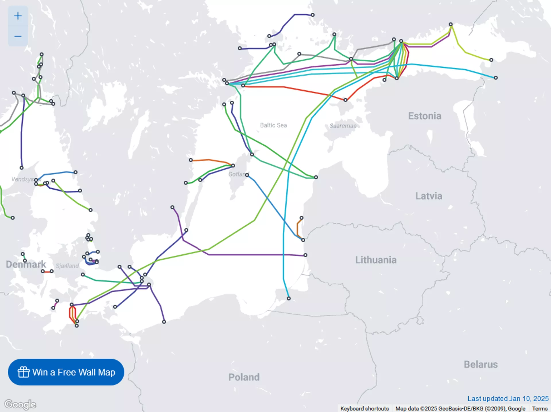 Screenshot of submarinecablemap.com map showing the dense network of communications and energy cables in the Baltic Sea region. - Sputnik International, 1920, 27.01.2025