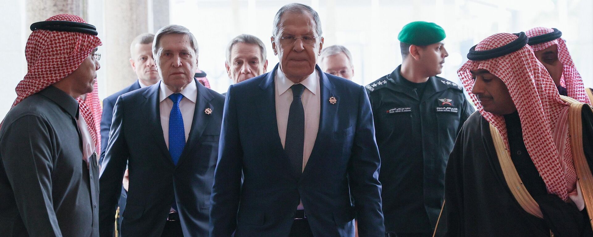 Russian Foreign Minister Sergei Lavrov and presidential aide Yuri Ushakov arrive for talks with their US counterparts in Riyadh, Saudi Arabia aimed at ending the Ukrainian crisis and restoring some semblance of normalcy in Russia-US relations. - Sputnik International, 1920, 18.02.2025