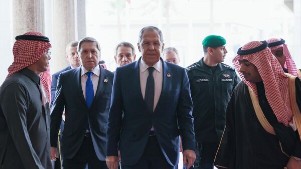 Russian Foreign Minister Sergei Lavrov and presidential aide Yuri Ushakov arrive for talks with their US counterparts in Riyadh, Saudi Arabia aimed at ending the Ukrainian crisis and restoring some semblance of normalcy in Russia-US relations. - Sputnik International