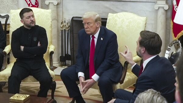 Vice President JD Vance, right, speaks with Ukraine's Volodymyr Zelensky, left, as President Donald Trump listens in the Oval Office at the White House, Friday, Feb. 28, 2025, in Washington.  - Sputnik International